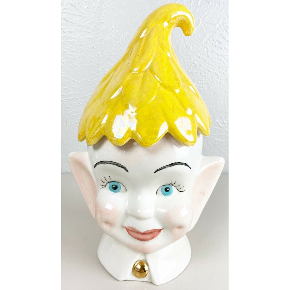 Vintage 12” Ceramic Elf Pixie Cookie Jar Yellow Hat * Read Description/see Pics